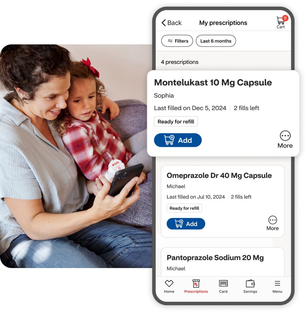 A woman, with a child, refills and manages Rx on the CVS Pharmacy app."